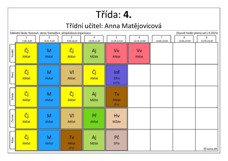 Rozvrh 4.&nbsp;třída