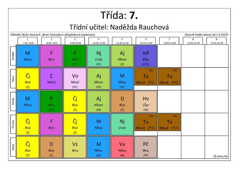 Rozvrh 7.&nbsp;třída