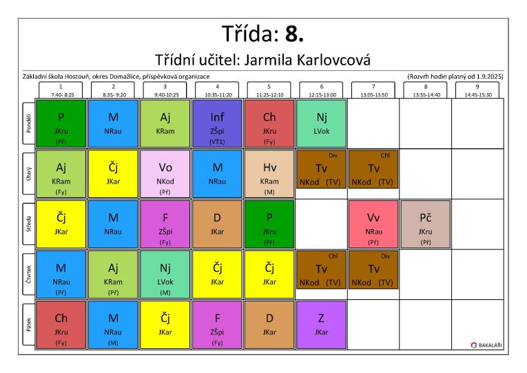 Rozvrh 8.&nbsp;třída